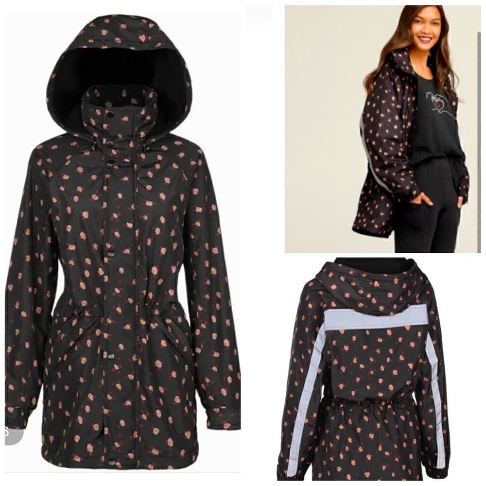 🧥Cabi- Rainy Day Hooded Water Resistant Black Floral Jacket/Coat NWOT Sz M